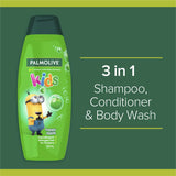 Bright green 350mL bottle of Palmolive Kids 3 in 1 Bodywash, Shampoo & Conditioner, featuring a Happy Apple scent for fun bath time.