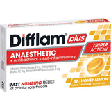 Difflam Plus Anaesthetic Lozenges in honey lemon flavor, providing fast relief from sore throat pain and inflammation.