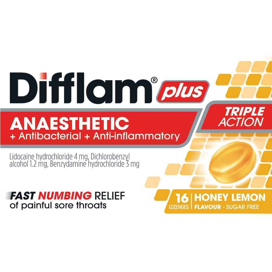 Difflam Plus Lozenges with honey lemon flavor for rapid relief of sore throat pain and inflammation.