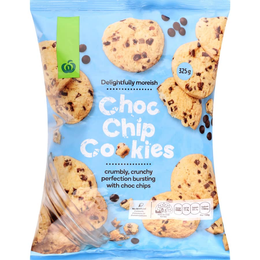 Woolworths Chocolate Chip Cookies with rich chocolate chips, crunchy texture, and no artificial ingredients for a delightful snack.