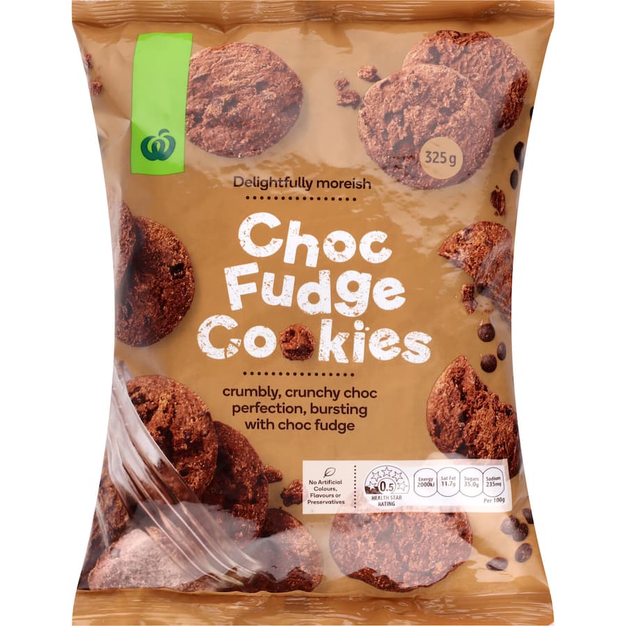 Woolworths Choc Fudge Cookies featuring rich dark chocolate, creamy fudge, and a crumbly texture, perfect for indulgent snacking.