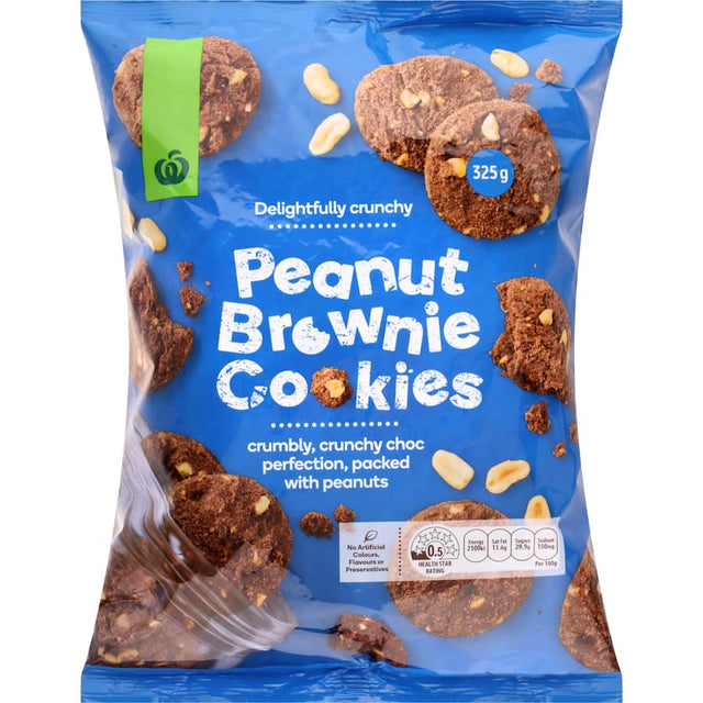 Woolworths Peanut Brownies Cookies featuring crunchy peanuts and rich chocolate in a resealable bag for delightful snacking.