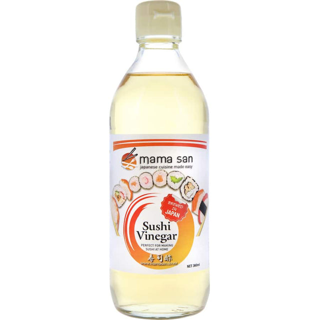 Mama San Sushi Vinegar enhances sushi rice with authentic flavor, balancing tanginess and sweetness for gourmet sushi.