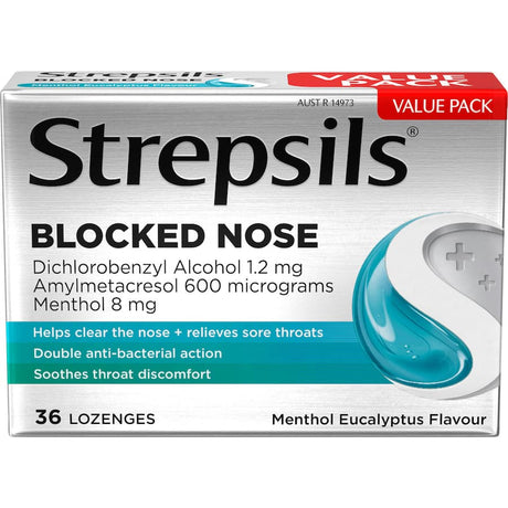 Soothing menthol and eucalyptus lozenges for blocked nose relief and throat comfort during colds and allergies.