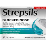 Strepsils Plus lozenges in menthol-eucalyptus flavor provide quick relief from nasal congestion and soothe sore throats.