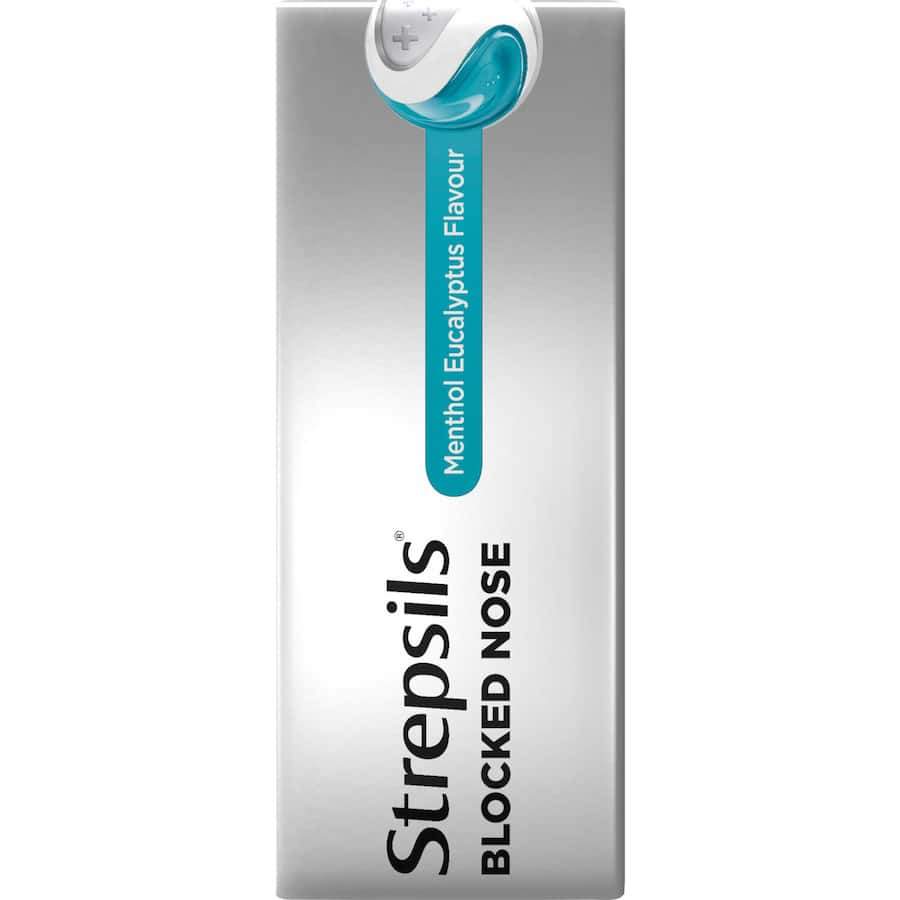 Strepsils Plus Lozenges for blocked nose relief with menthol and eucalyptus, easing cold symptoms and soothing throat discomfort.