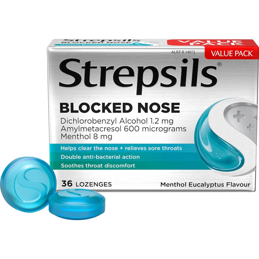 Strepsils Plus Lozenges for blocked nose relief, featuring soothing menthol and eucalyptus for cold symptom relief.