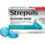 Strepsils Plus Lozenges for blocked nose relief, featuring soothing menthol and eucalyptus for cold symptom relief.