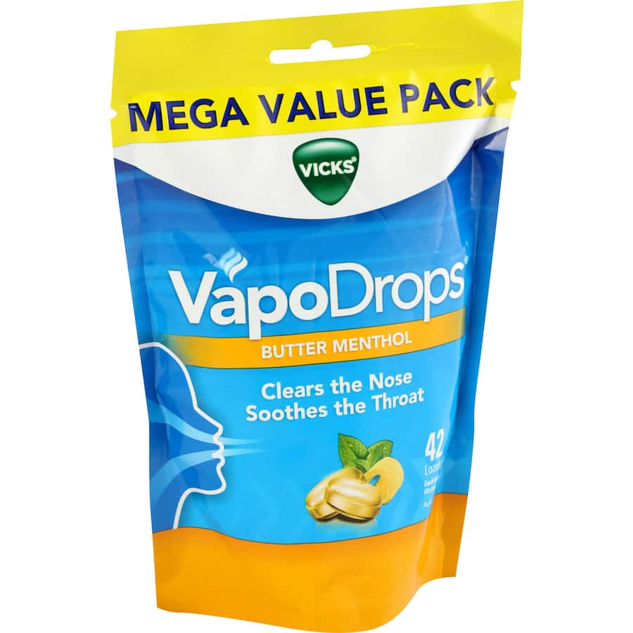 Vicks Vapodrops Lozenges in Butter Menthol flavor offer soothing relief for coughs and throat irritations, perfect for on-the-go comfort.