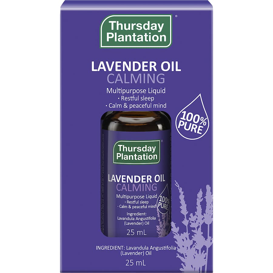 Thursday Plantation Lavender Oil bottle showcasing 100% natural, calming essential oil for relaxation and sleep improvement.