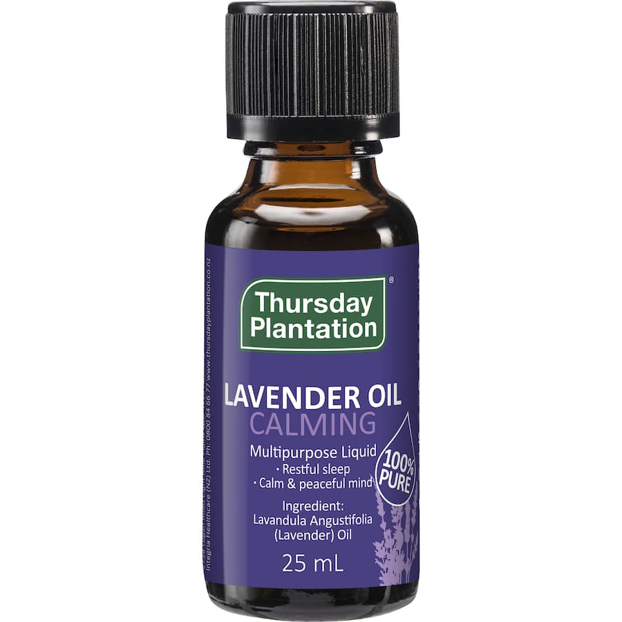 A bottle of Thursday Plantation Lavender Oil, 100% natural and versatile, perfect for relaxation, sleep, and aromatherapy.