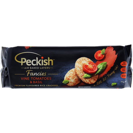 Crisp rice crackers infused with tomato and basil, perfect for snacking, entertaining, and gluten-free enjoyment.