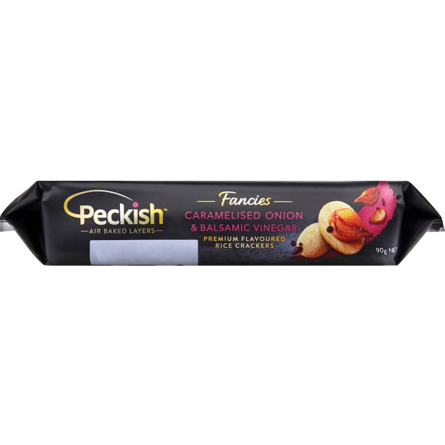 Peckish Fancies Rice Crackers with caramelised onion and balsamic, perfect for gourmet snacking and entertaining.
