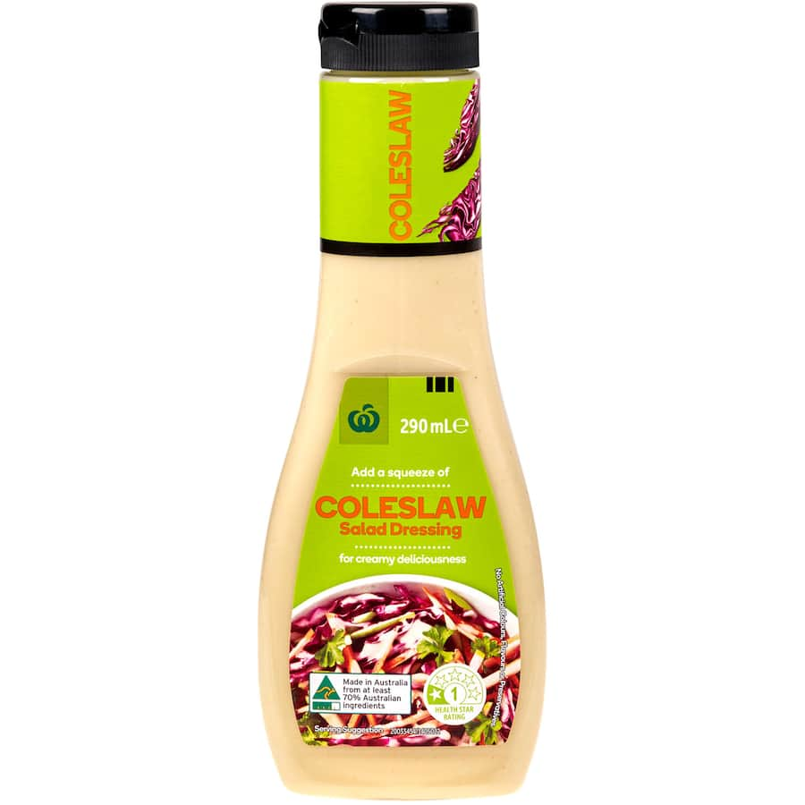 Creamy Woolworths Coleslaw Dressing in a 290ml bottle, perfect for enhancing salads, wraps, and veggie dips.