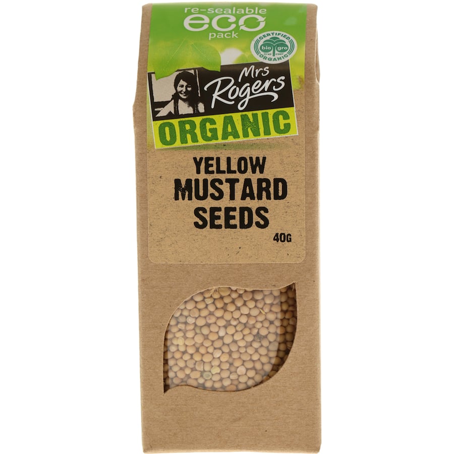 Organic yellow mustard seeds in eco-friendly packaging, perfect for dressings, pickles, and enhancing culinary dishes.