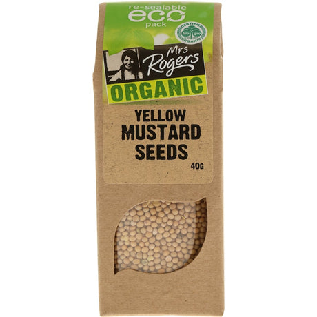 Organic yellow mustard seeds in eco-friendly packaging, perfect for dressings, pickles, and enhancing culinary dishes.