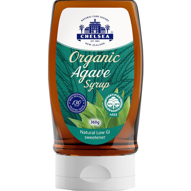 Organic Chelsea Agave Syrup in a bottle, ideal for sweetening drinks and baked goods with low-glycemic sweetness.