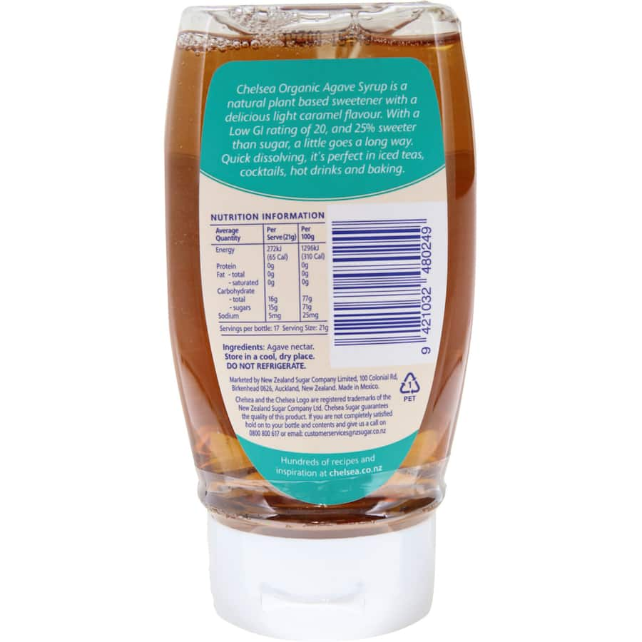 Organic Chelsea Agave Syrup in a bottle, a low-glycemic sweetener ideal for drinks and baking.