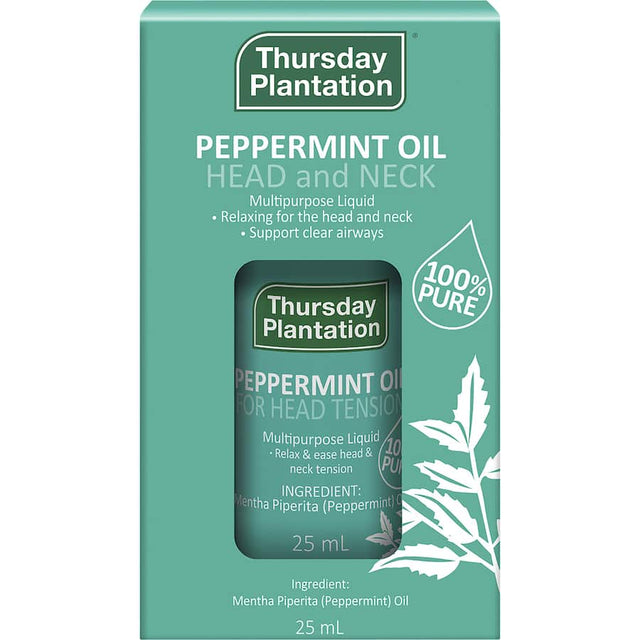 A bottle of Thursday Plantation Peppermint Oil, a 100% pure essential oil known for energizing and revitalizing effects.