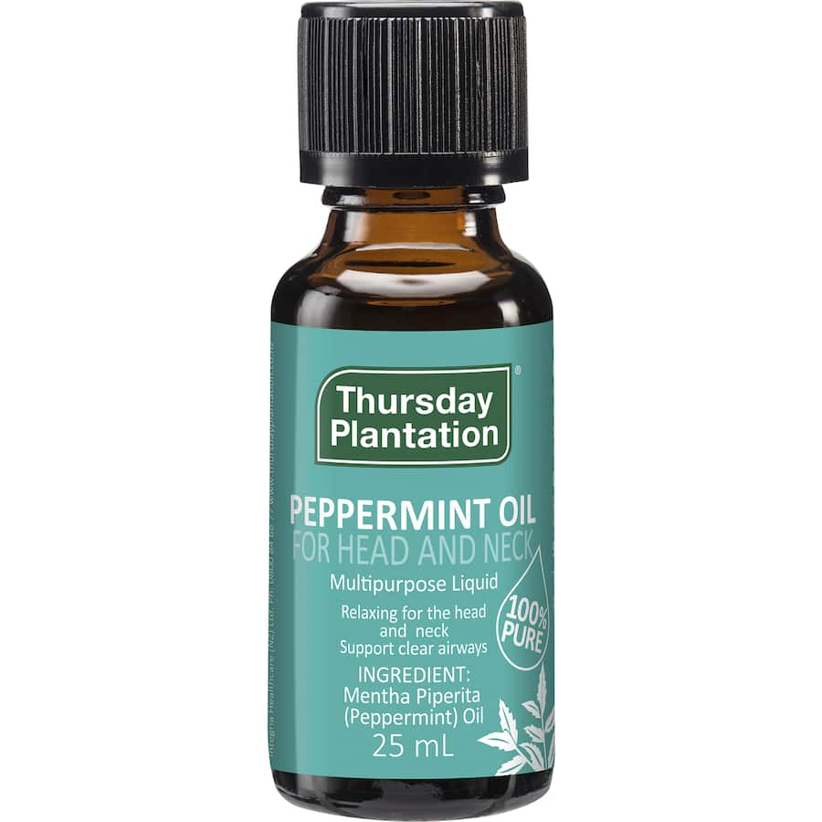 Pure Thursday Plantation Peppermint Oil in a bottle, perfect for aromatherapy, headaches, and digestive relief.