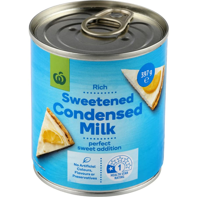 Woolworths Sweetened Condensed Milk, rich and creamy, perfect for baking and enhancing desserts with natural sweetness.