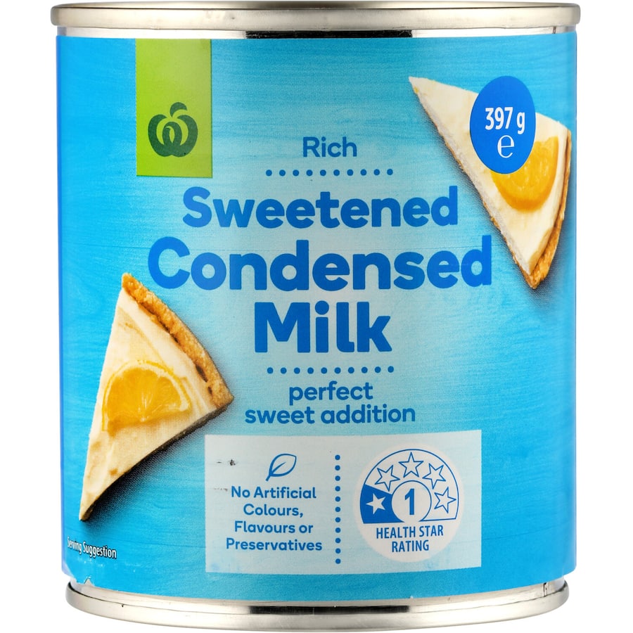 Woolworths Sweetened Condensed Milk in a can, perfect for baking and adding richness to desserts and beverages.