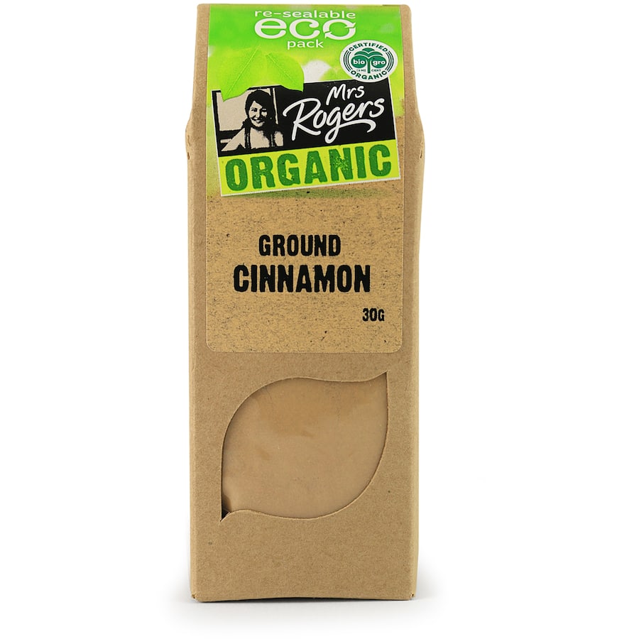 Mrs Rogers Eco Pack Cinnamon Ground Organic - aromatic, certified organic spice ideal for enhancing sweet and savory dishes.