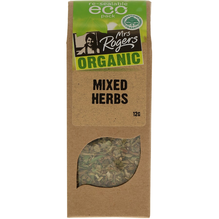 Mrs Rogers Eco Pack Premium Mixed Herbs Organic features a blend of tarragon, basil, marjoram, parsley, and chives for culinary excellence.