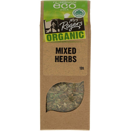 Mrs Rogers Eco Pack Premium Mixed Herbs Organic features a blend of tarragon, basil, marjoram, parsley, and chives for culinary excellence.