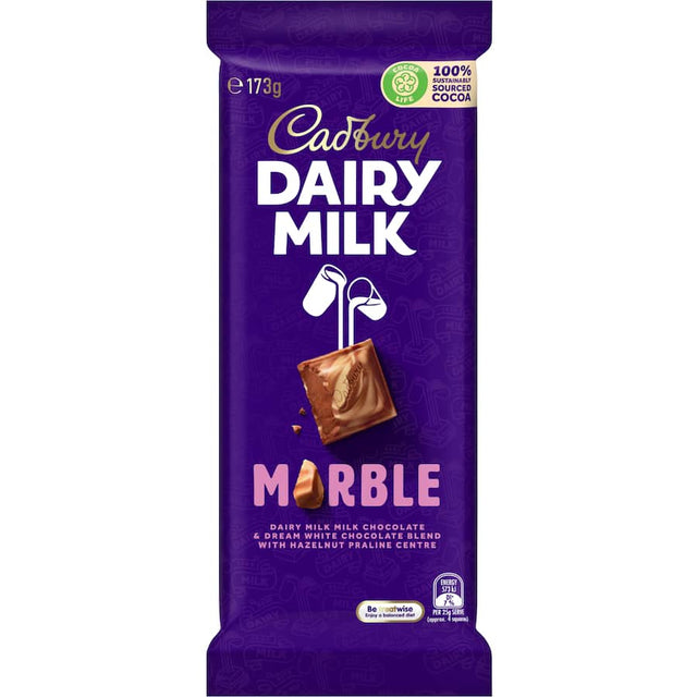 Cadbury Dairy Milk Marble bar features smooth milk and white chocolate with a crunchy hazelnut praline center.