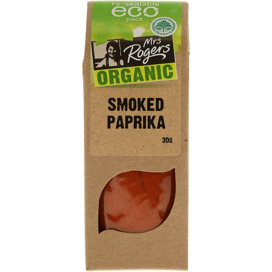 Organic wood-smoked paprika in eco-friendly pack, adds vibrant color and smoky flavor to various dishes.