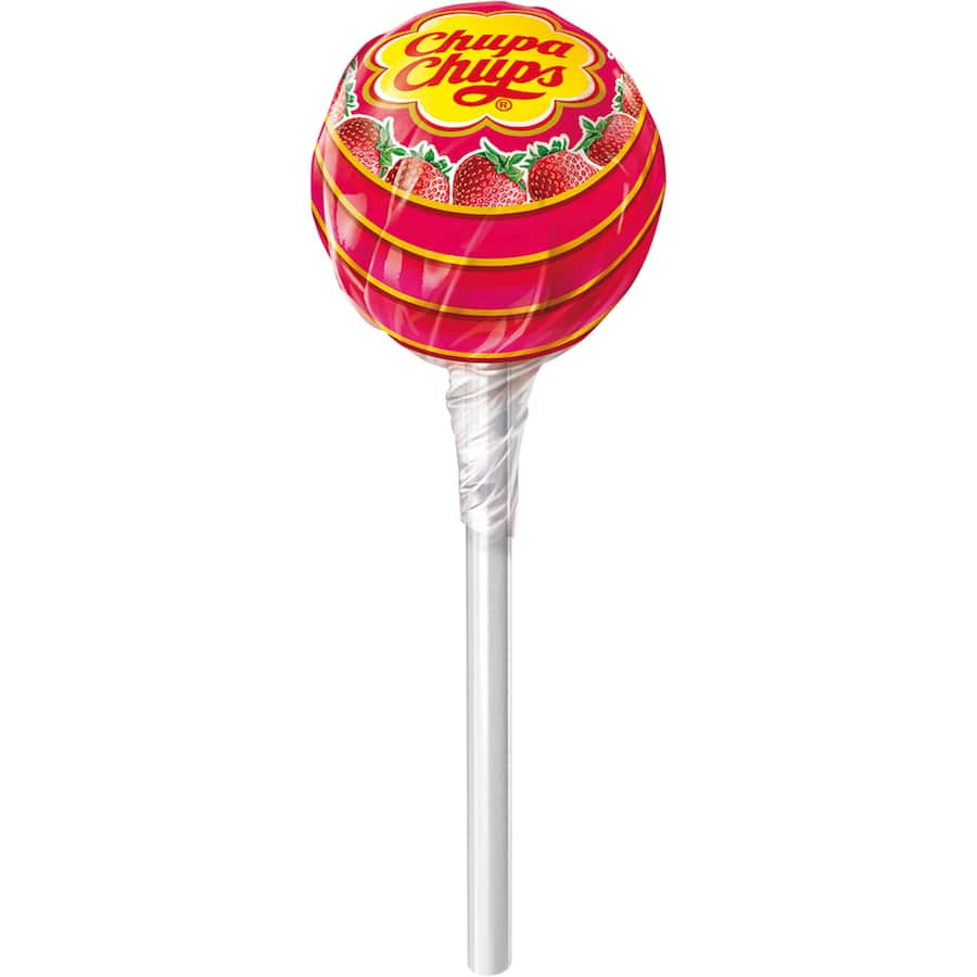 Colorful Chupa Chups Lollipops featuring classic flavors: cola, strawberry & cream, and strawberry watermelon, individually wrapped.