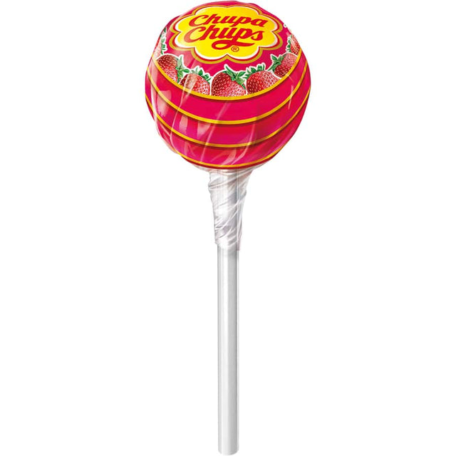 Colorful Chupa Chups Lollipops featuring classic flavors: cola, strawberry & cream, and strawberry watermelon, individually wrapped.