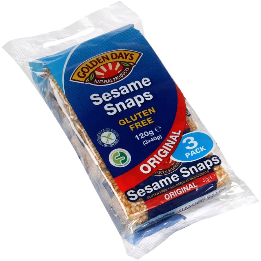 Golden Days Sesame Snaps Original 120g, a gluten-free, sweet snack made from sesame seeds and syrup, perfect for on-the-go.