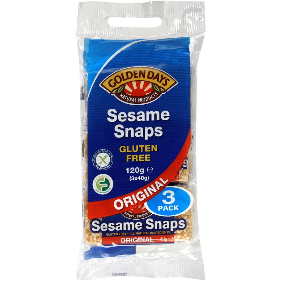 Golden Days Sesame Snaps Original 120g, a sweet, crunchy, gluten-free snack made from sesame seeds and syrup.