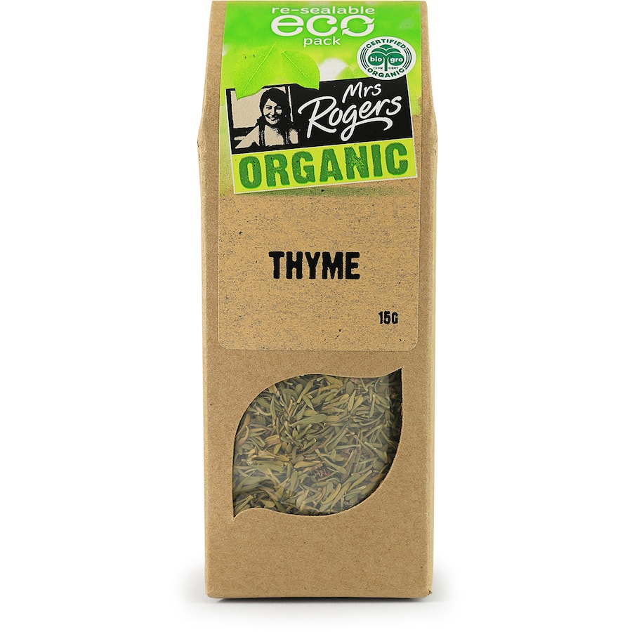 Mrs Rogers Eco Pack Thyme Organic, certified organic herb with earthy flavor, ideal for enhancing culinary dishes sustainably.