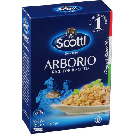 Scotti Arborio Rice pack showcasing high-quality, creamy Italian rice ideal for risottos and specialty dishes.