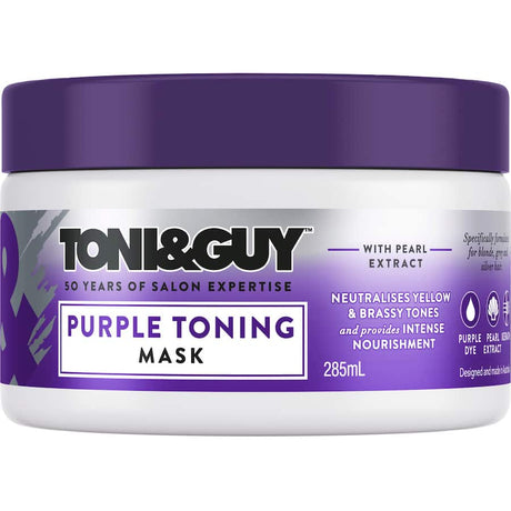 Toni & Guy Hair Mask Purple Toning enhances blonde, grey, and silver hair by neutralizing yellow tones and boosting shine.