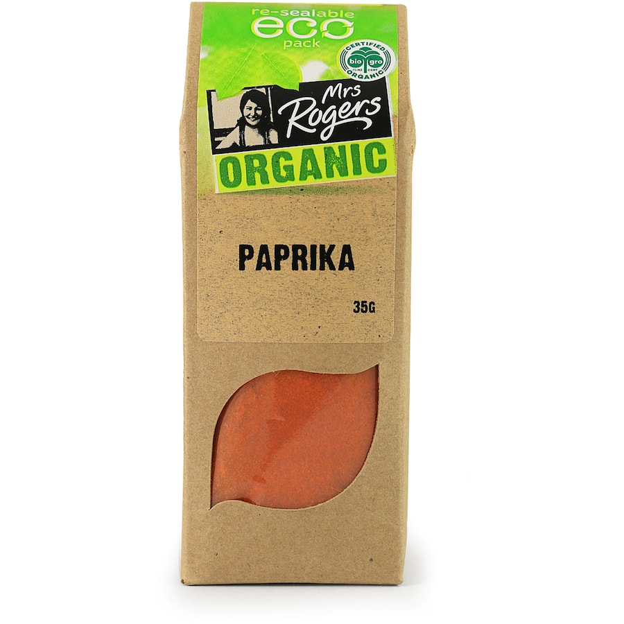 Mrs Rogers Eco Pack Paprika Ground Organic, vibrant spice for enhancing dishes with mild, sweet flavor and rich color.