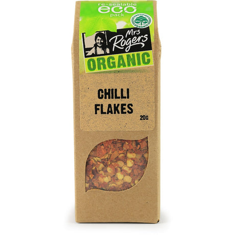 Organic Mrs Rogers Eco Pack Chilli Flakes offering medium heat for flavorful, sustainable cooking in eco-friendly packaging.