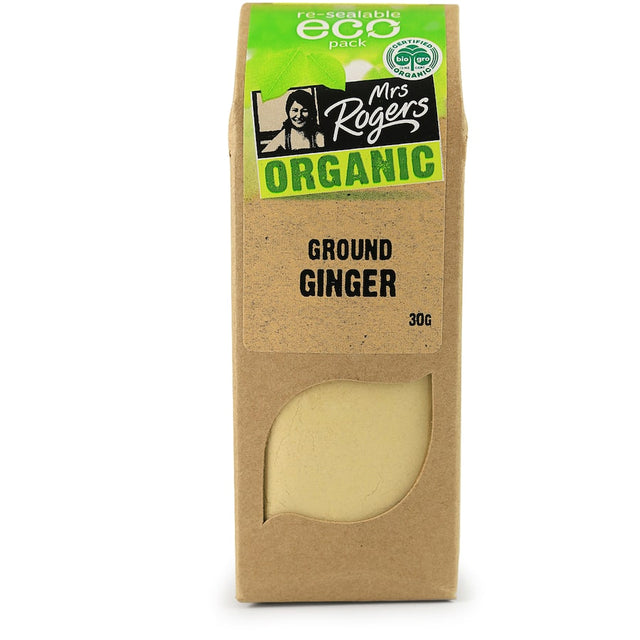 Mrs. Rogers Eco Pack Ginger Ground Organic showcases vibrant ginger powder for enhancing various dishes and supporting health.