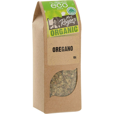 Organic Mrs Rogers Oregano Eco Pack, perfect for enhancing Mediterranean dishes like pizzas and focaccia.