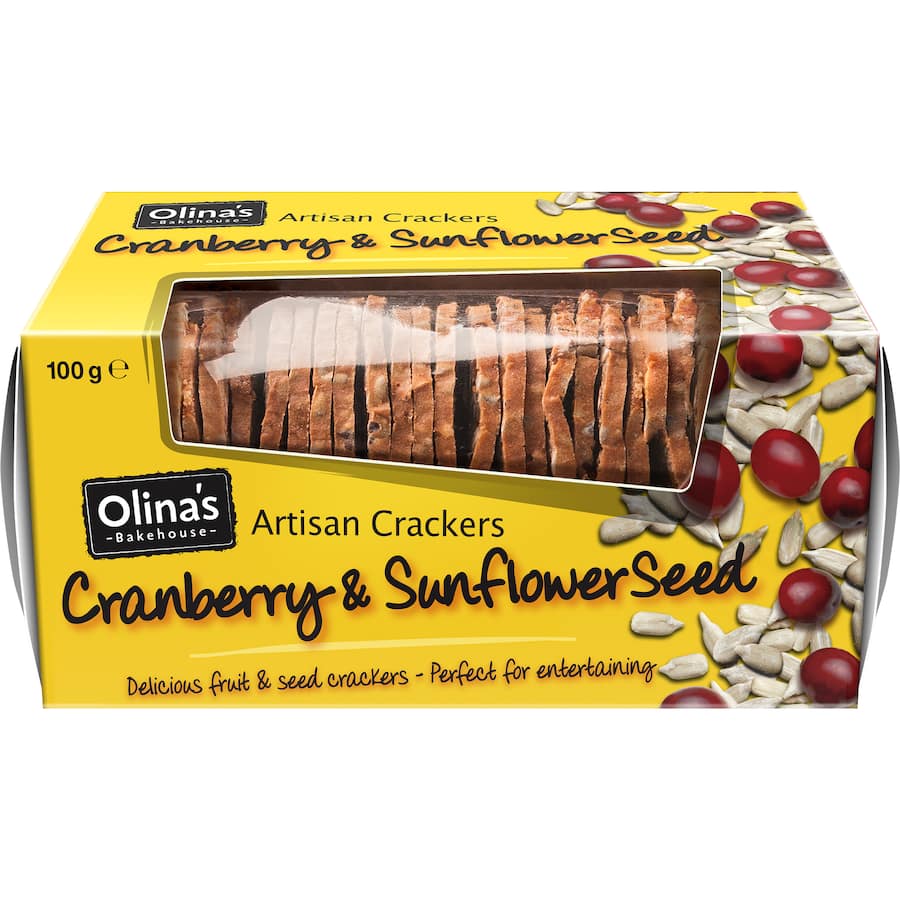 Cranberry and sunflower seed artisan crackers, light and crispy, perfect for pairing with cheese and dips.