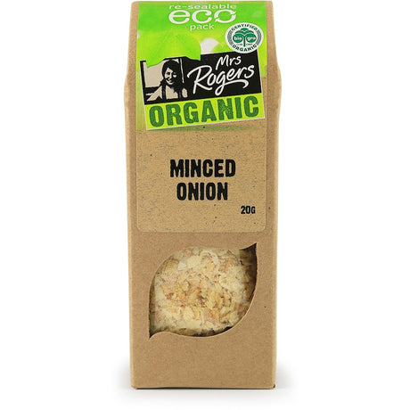 Dried organic minced onion from Mrs Rogers, perfect for adding savory flavor to dishes without chopping.