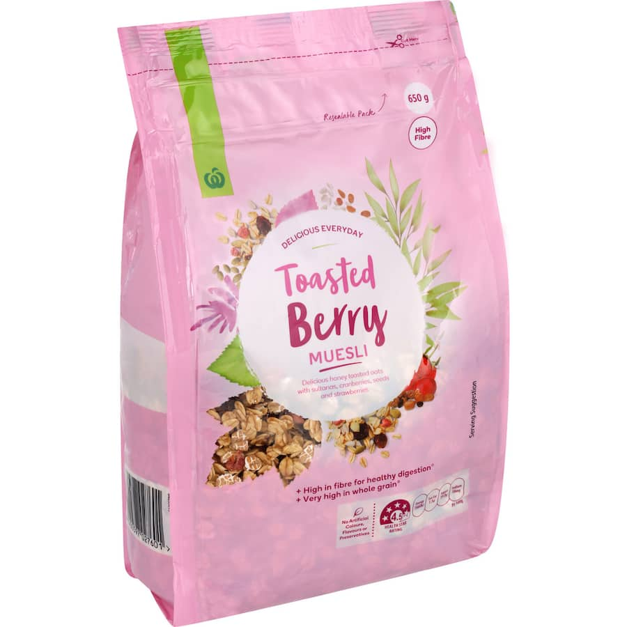 Woolworths Muesli Toasted Berry: Crunchy oats, dried fruits, and seeds in a nutritious, guilt-free breakfast blend.