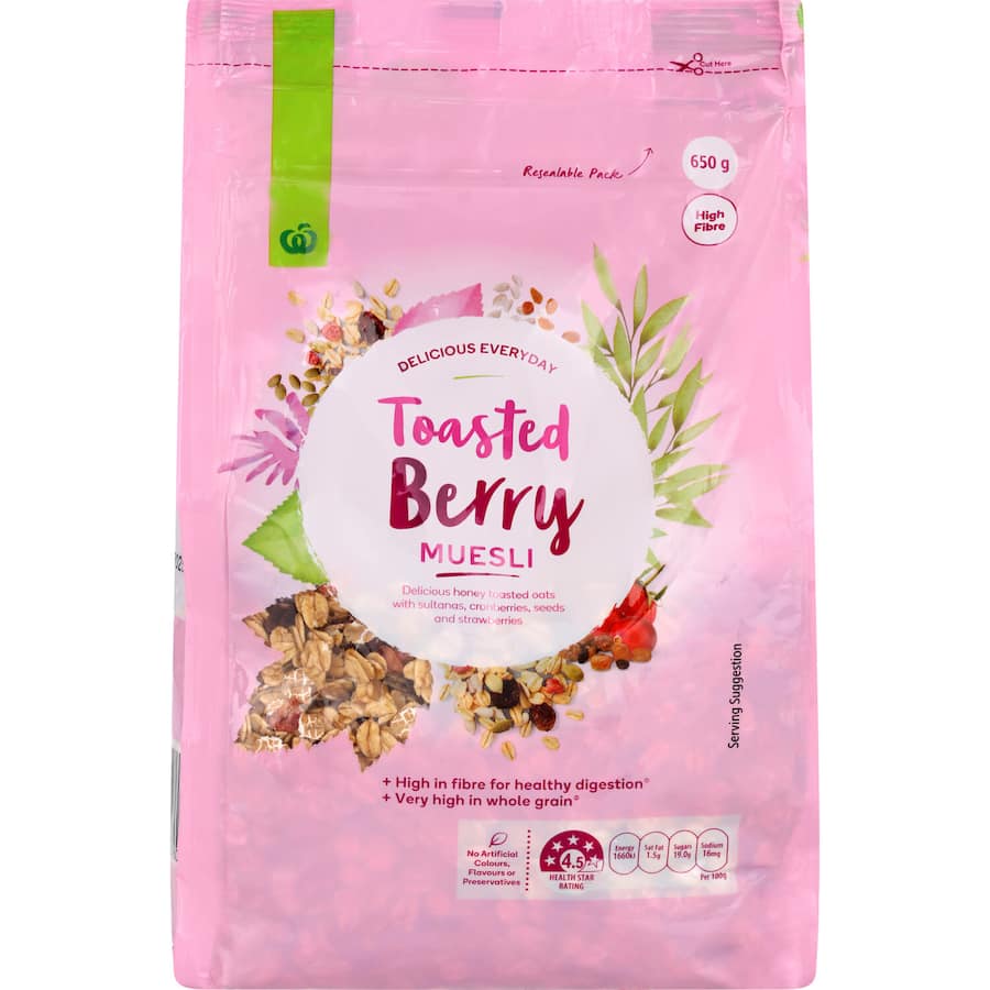 Woolworths Muesli Toasted Berry: honey-toasted oats with berries, sultanas, seeds, high in fiber for a nutritious breakfast.