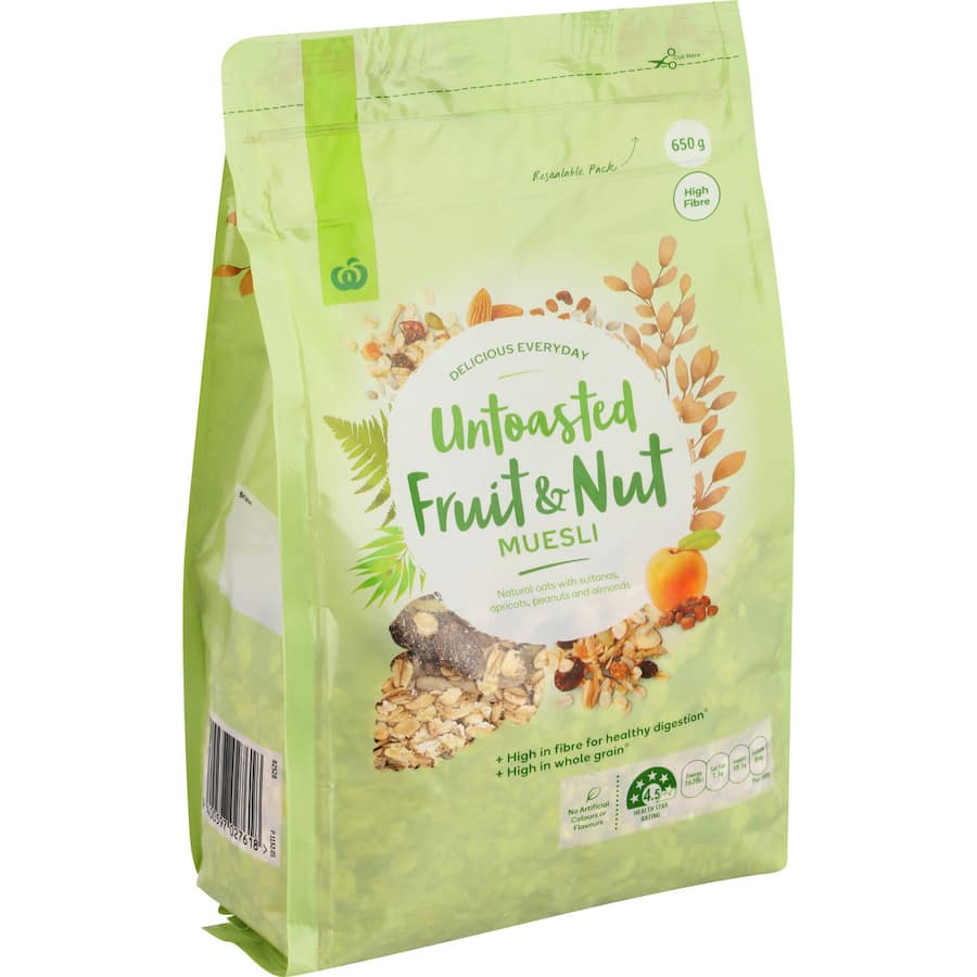 Woolworths Muesli Untoasted Natural Fruit & Nut, a 650g pack with oats, sultanas, and nuts for a healthy breakfast boost.