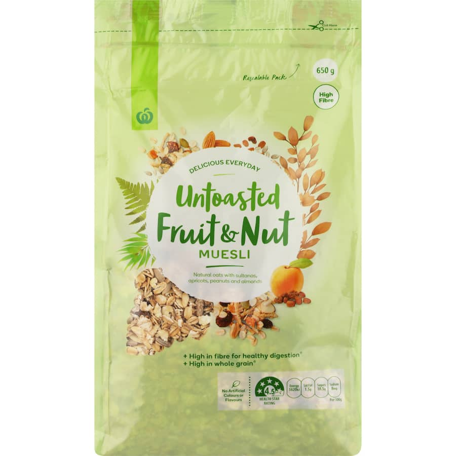 Woolworths Muesli Untoasted Natural Fruit & Nut 650g, a fiber-rich blend of oats, fruit, and nuts for a wholesome breakfast.