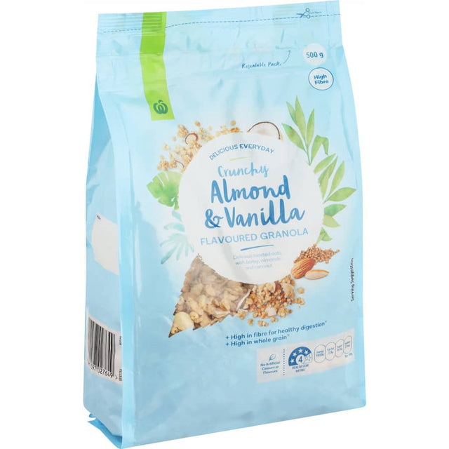 Bowl of Woolworths Granola Vanilla Almond, featuring whole grains, crunchy almonds, and natural vanilla for a nutritious breakfast.