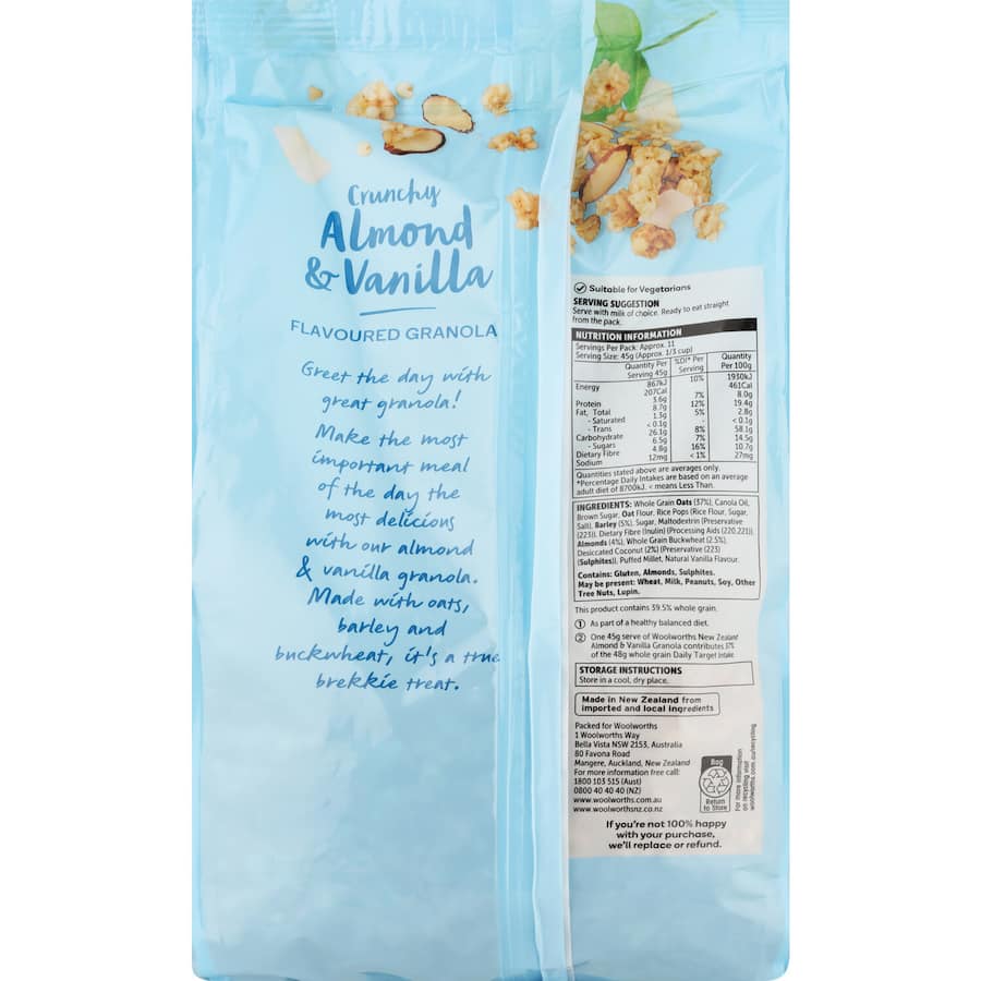 Woolworths Granola Vanilla Almond featuring crunchy almonds, whole grains, and natural vanilla for a nutritious breakfast.